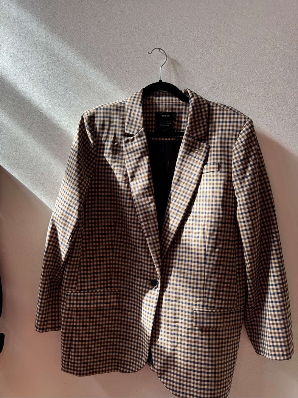 J. Crew Tan and Navy Gingham Wool Blazer